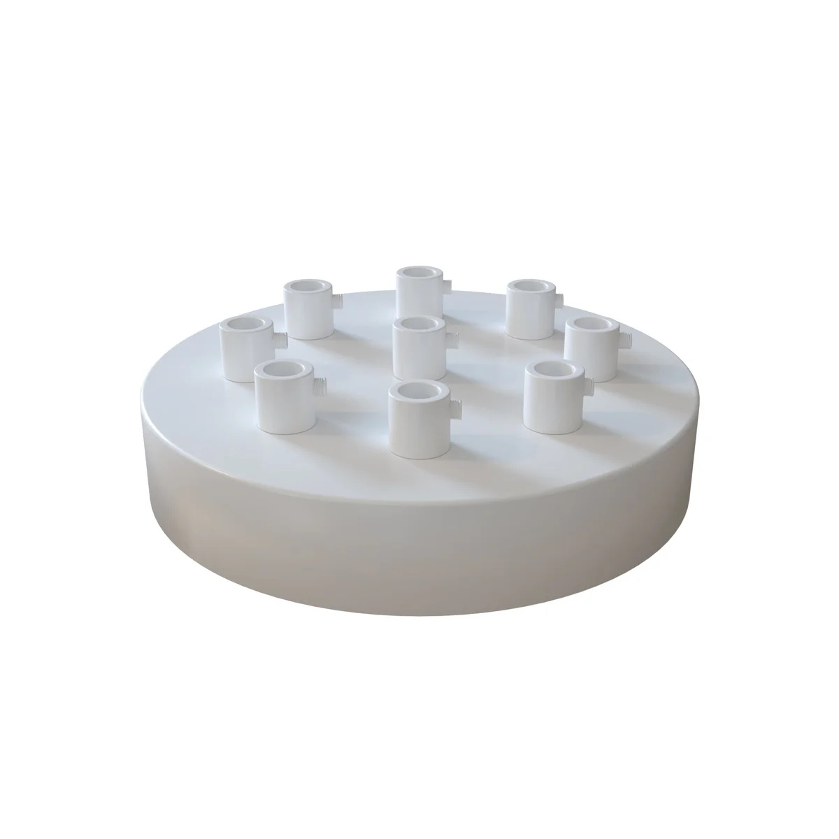 White metal ceiling rose with 9 outlets, 120mm diameter, 25mm deep, including black cord grip and mounting screws