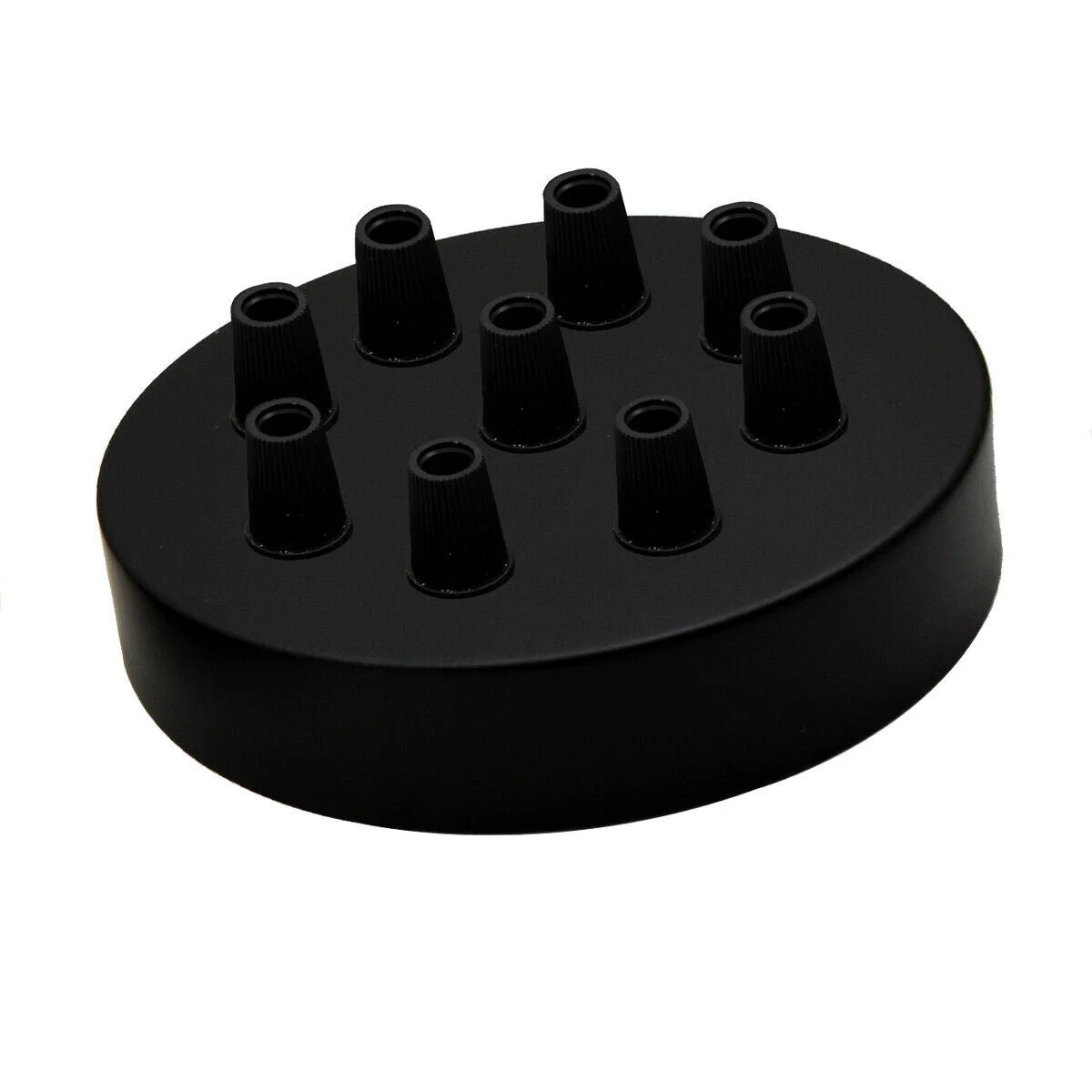 Black metal ceiling rose with nine outlets for pendant lights, 120mm diameter, sleek durable metal design