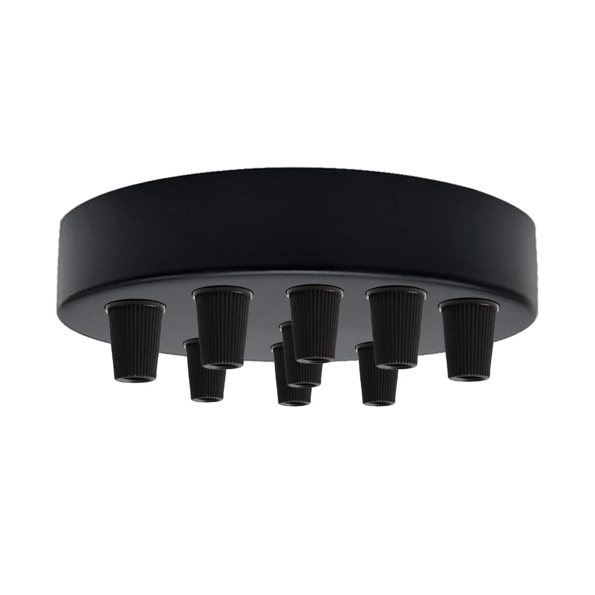 Black 120mm metal 9 outlet ceiling rose pendant light fitting with nine side outlets and mounting hardware visible