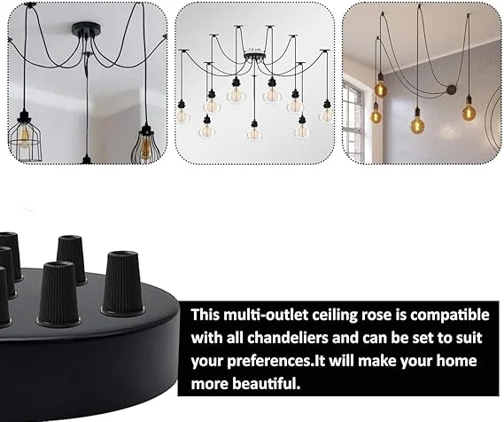 Black metal multi outlet ceiling rose with 9 outlets, 120mm diameter, showing mounting hardware and side fittings