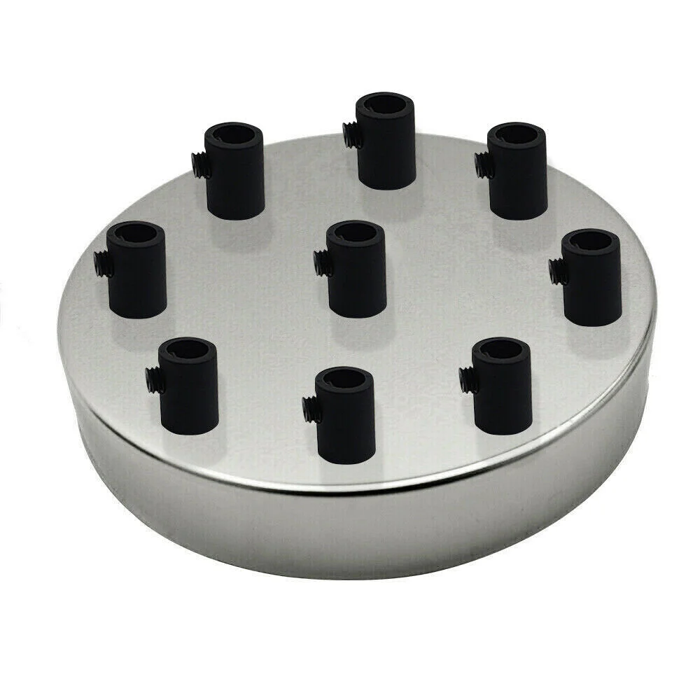 Chrome industrial ceiling rose with 9 outlets, 120mm diameter, metal construction, black cord grip, ceiling bracket included