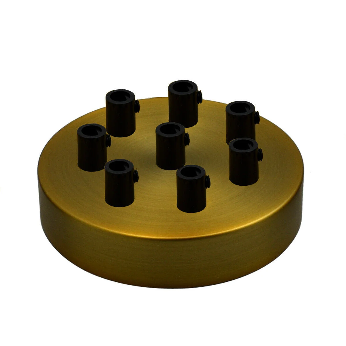 Yellow brass ceiling rose with 8 outlets, round metal design, 120mm diameter, black cord grip, industrial vintage style