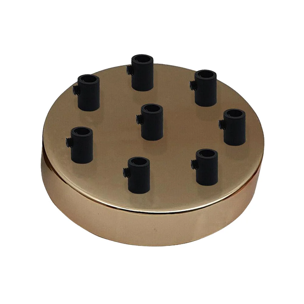 Round French gold ceiling rose with 8 outlets, black cord grip, and metal construction, 120mm diameter, 25mm deep