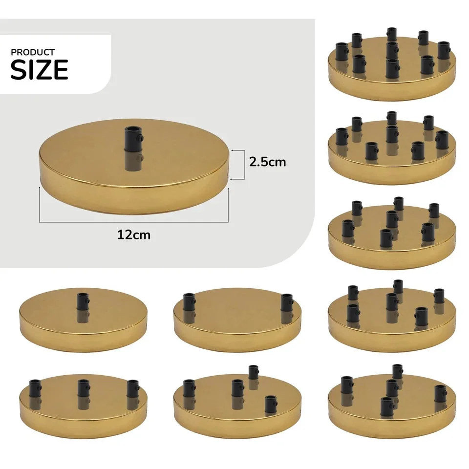 French gold metal ceiling rose with 8 outlets and black cord grip, 120mm diameter, 25mm deep, industrial vintage style