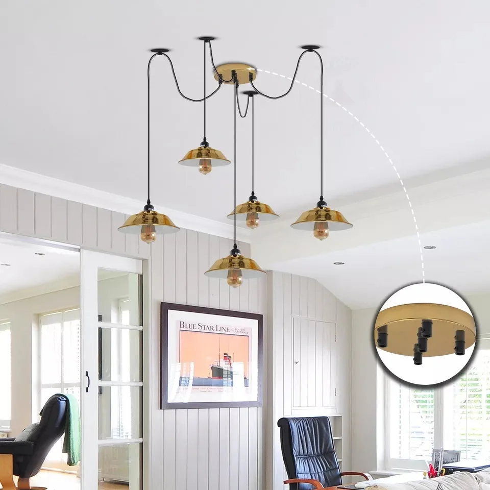 French Gold 8 outlet ceiling rose with black cord grip and metal ceiling bracket, 120mm diameter, 25mm deep.