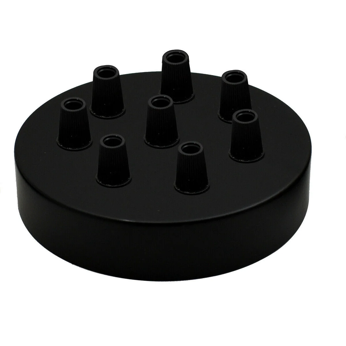 Black metal ceiling rose with 8 outlets, round 120mm diameter, 25mm deep, industrial vintage style with cord grips and screws