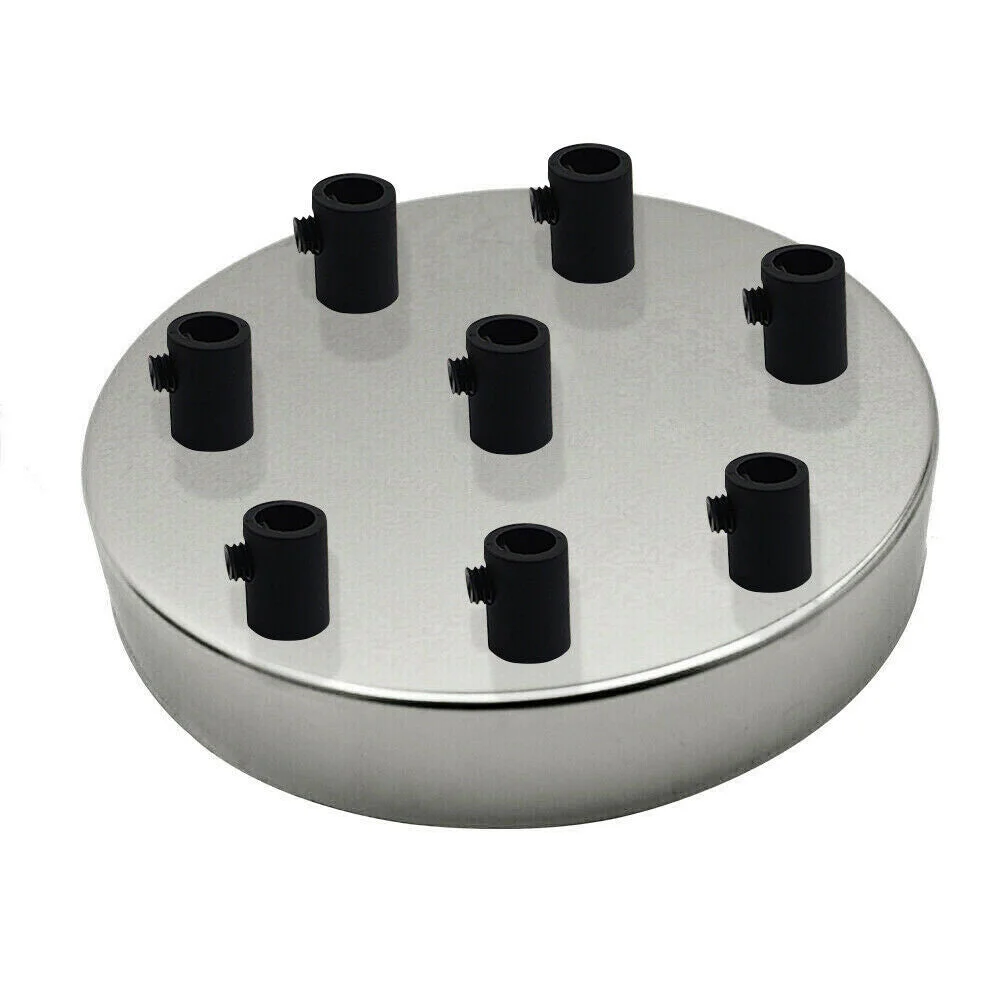 Chrome ceiling rose with 8 outlets, round metal design, 120mm diameter, 25mm deep, includes cord grip and screws