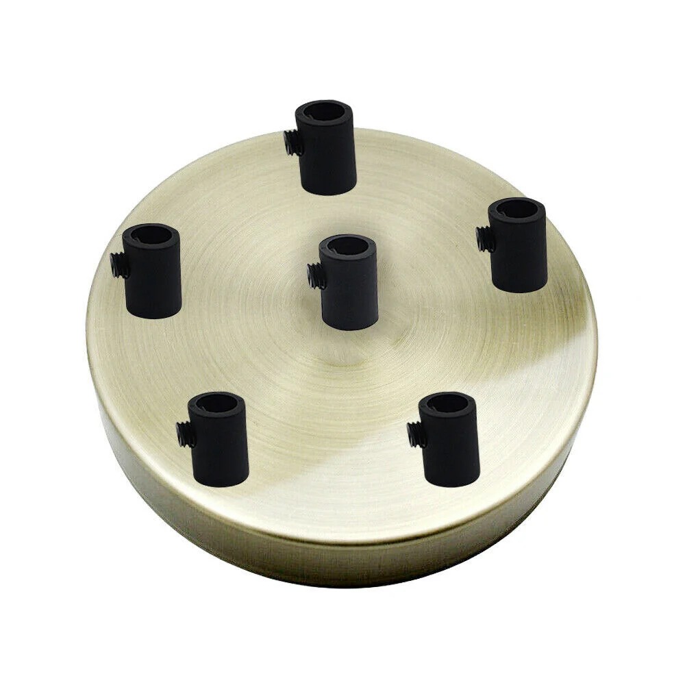 Green brass ceiling rose with six outlets, round metal design, 120mm diameter, 25mm height, includes cord grips and screws.