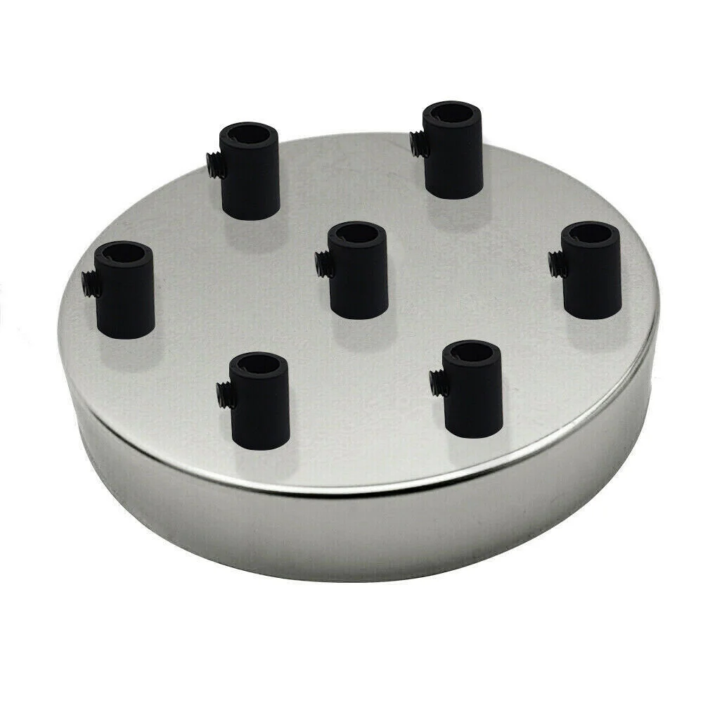Chrome ceiling rose with seven outlets, round 120mm diameter metal industrial vintage design with cord grips and mounting screws