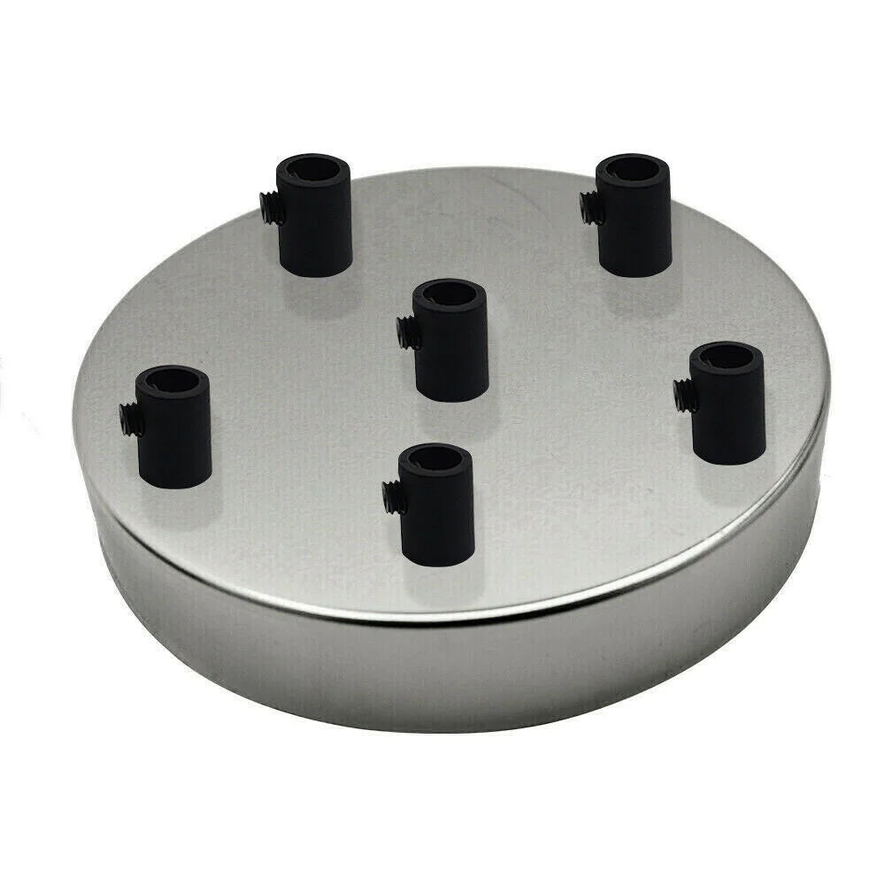 Chrome ceiling rose with six outlets, round metal design, 120mm diameter, 25mm deep, with cord grips and screws included