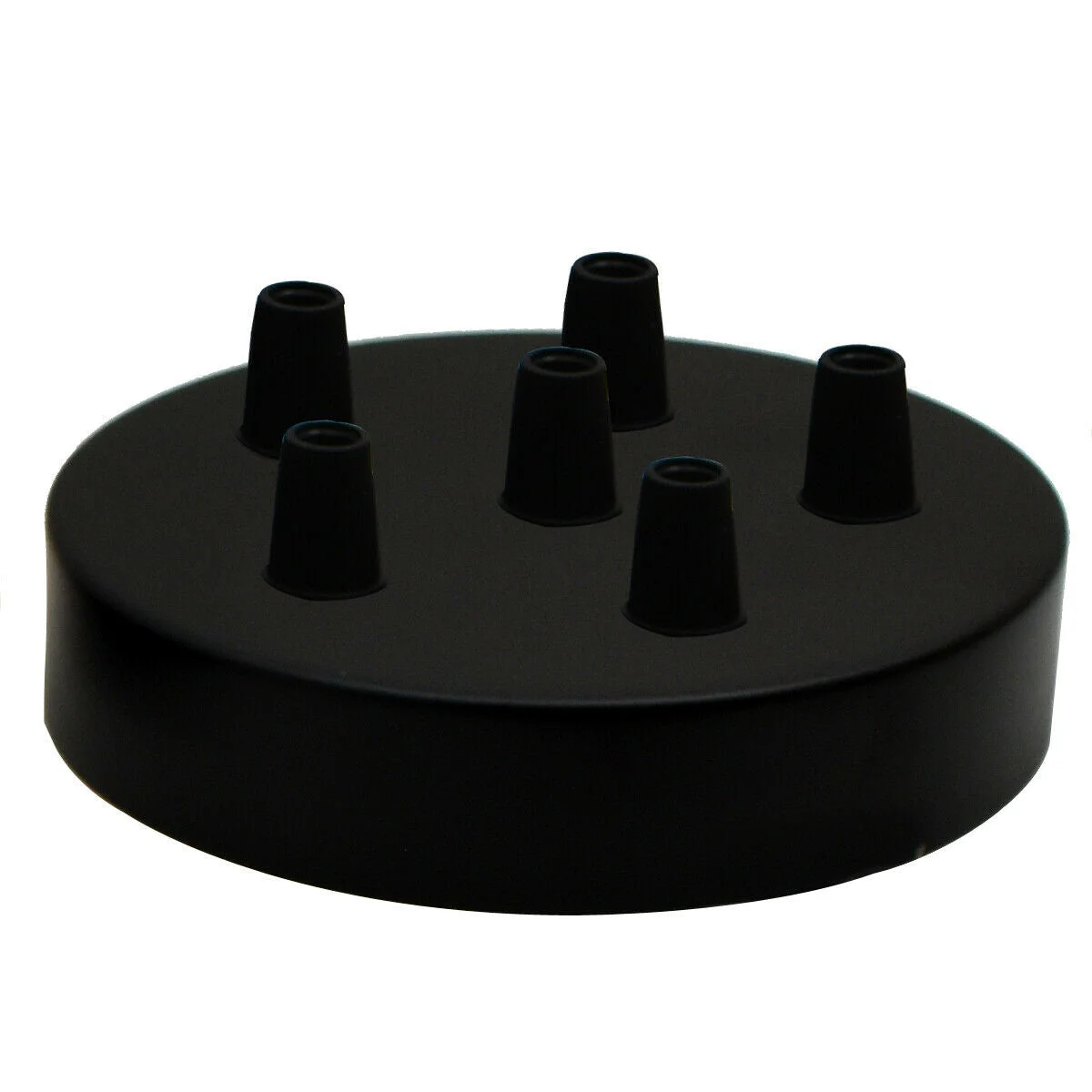Black metal 6 outlet ceiling rose pendant light fitting, 120mm diameter, with six side outlets and mounting hardware