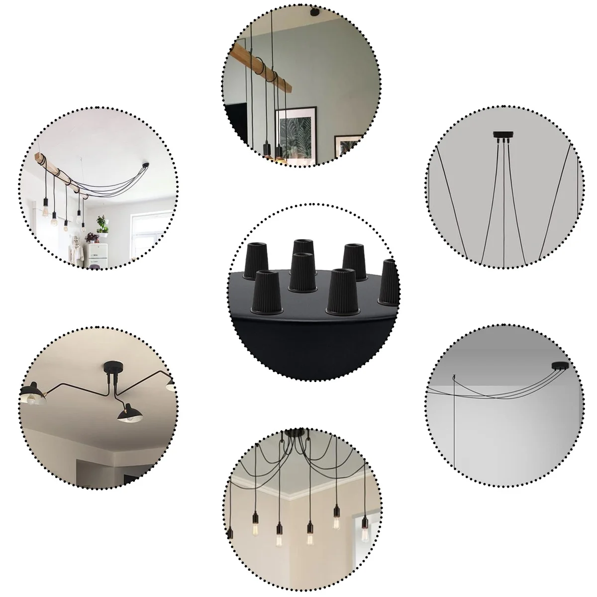 Black metal ceiling rose with 6 outlets, 120mm diameter, compact round design for multiple pendant lights installation