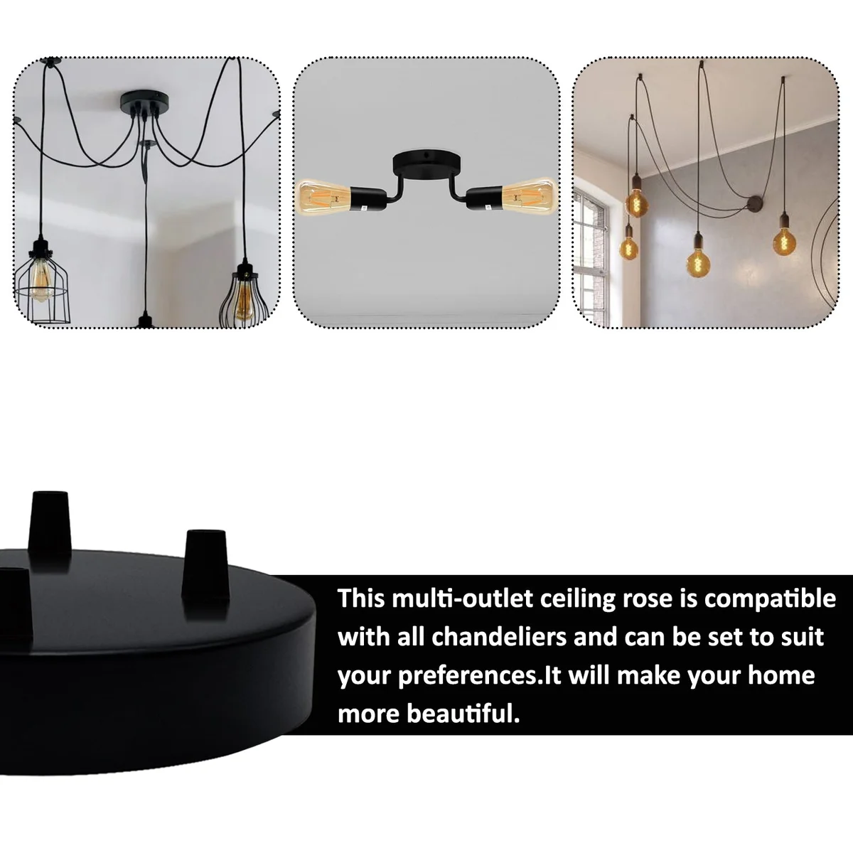 Black metal multi outlet ceiling rose with six outlets and mounting hardware on a white background