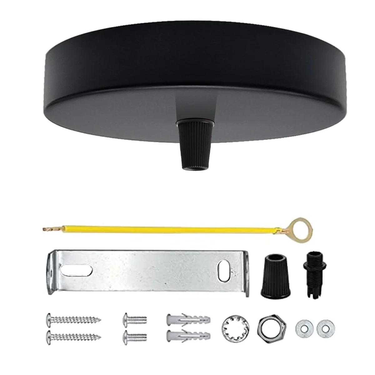 Black metal 120mm ceiling rose pendant light fitting with 6 outlets and mounting hardware displayed on white background