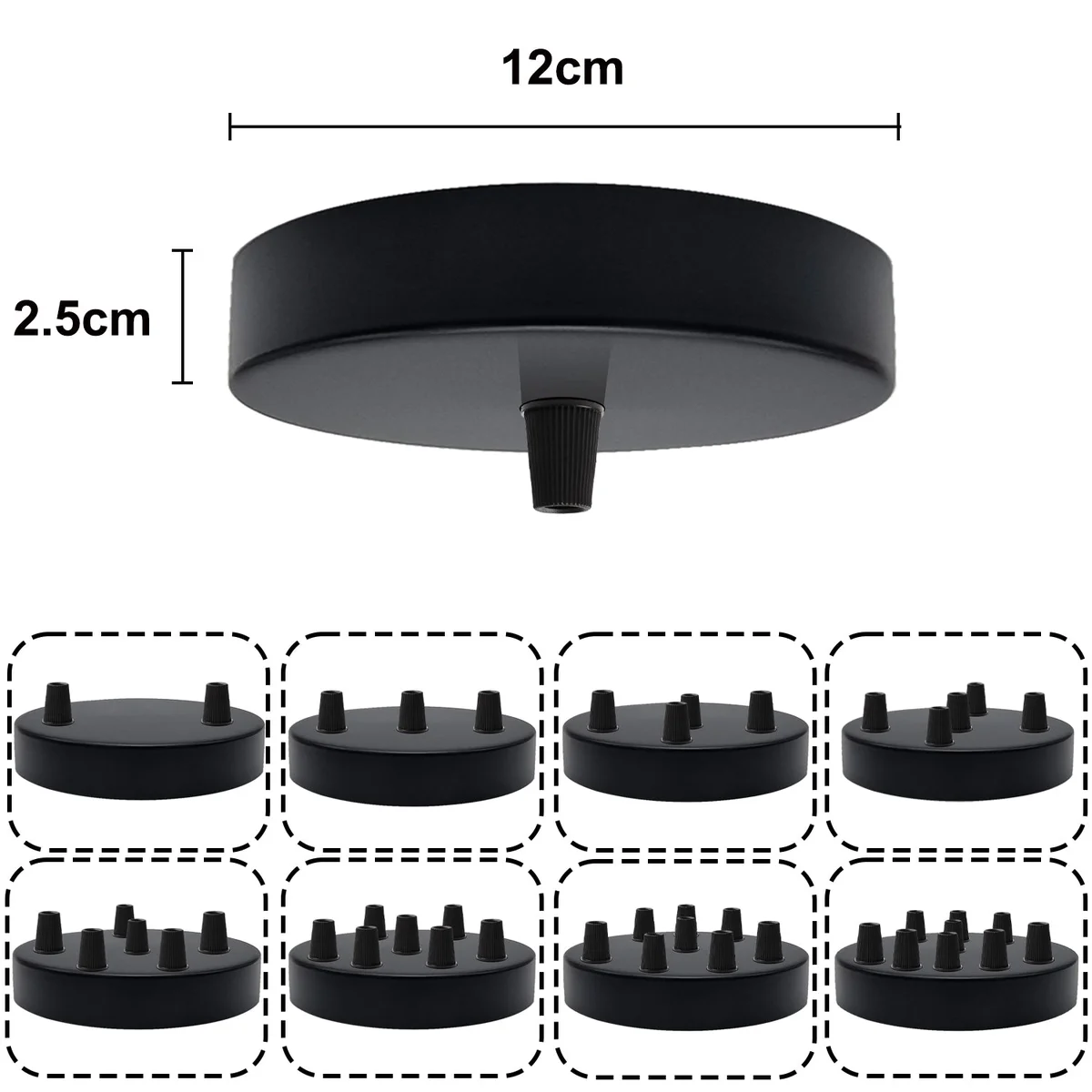 Black metal chandelier ceiling rose with 6 outlets, 120mm diameter, shown with mounting hardware and cord grips.
