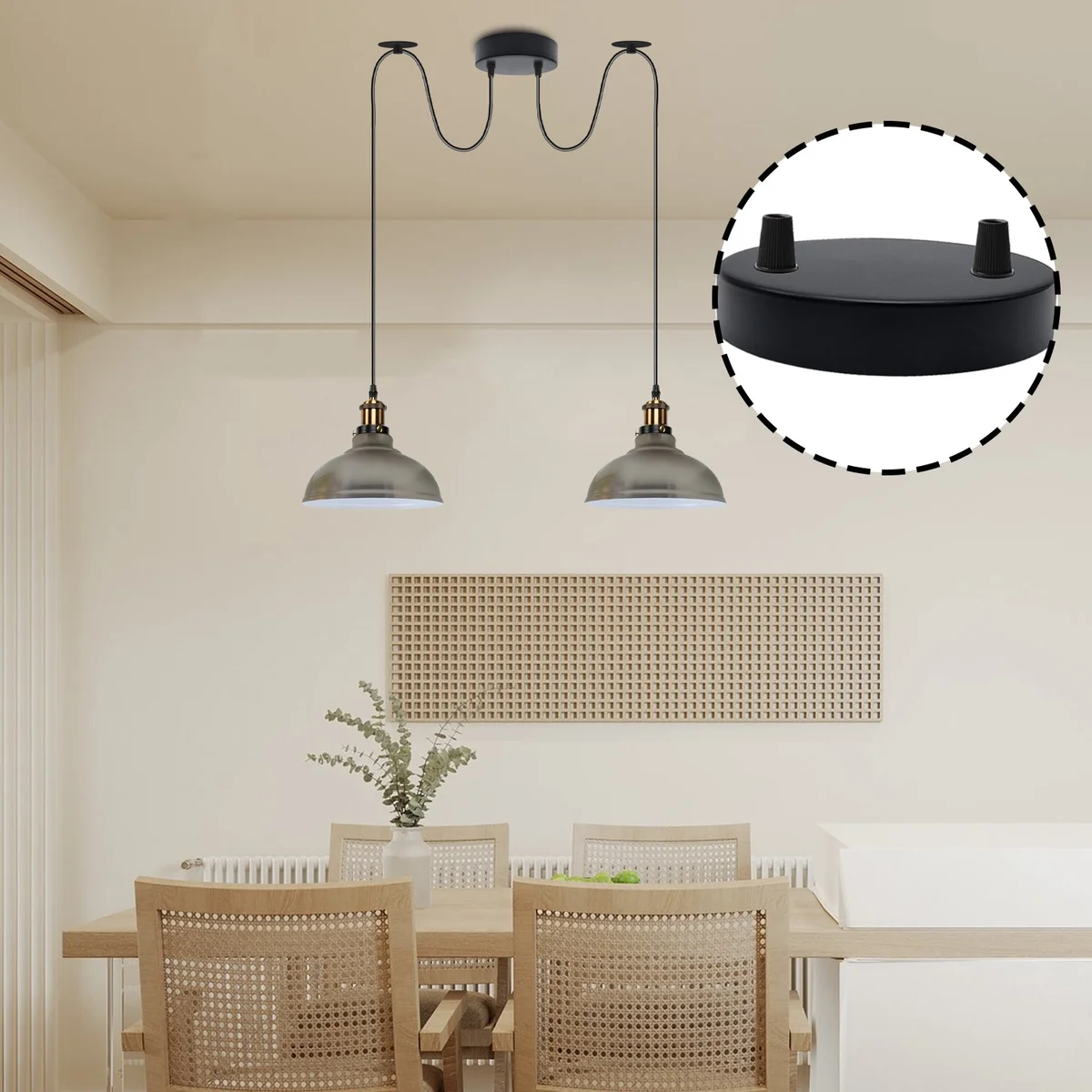 Black metal 6 outlet ceiling rose with mounting hardware, demonstrating easy installation ceiling rose features and design