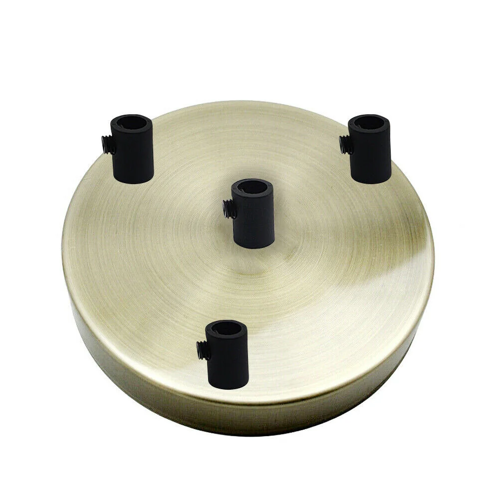 Green brass ceiling rose with four outlets, round 120mm diameter metal pendant fitting with black cord grip and screws