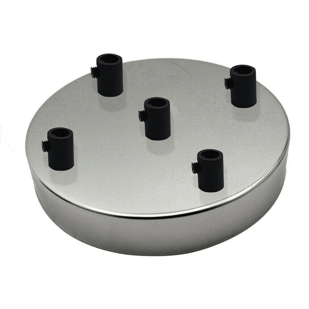 Chrome ceiling rose with five outlets, round metal design, 120mm diameter, 25mm deep, industrial vintage style