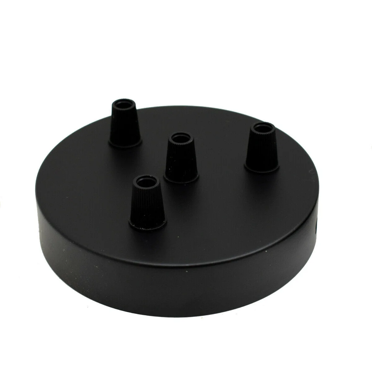 Black metal 4 outlet ceiling rose pendant light fitting, 120mm diameter, with four side outlets and mounting hardware