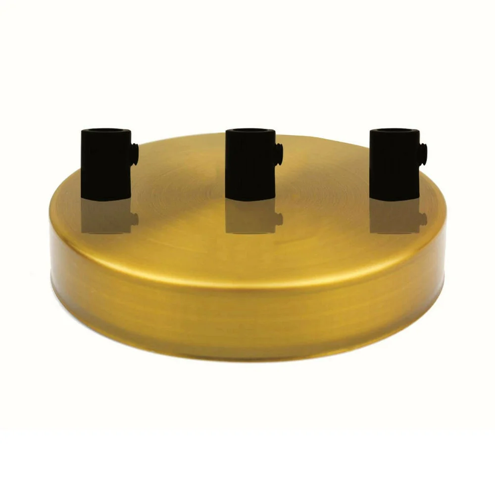 120mm yellow brass 3 outlet ceiling rose pendant light fitting with three side outlets and mounting hardware visible