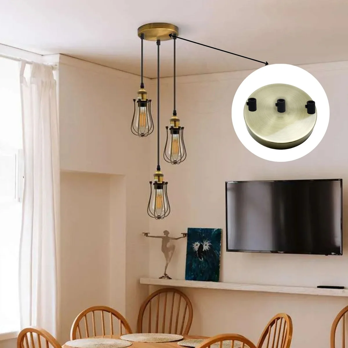 Green brass ceiling rose with three outlets, round 120mm diameter metal fixture with black cord grip and mounting screws