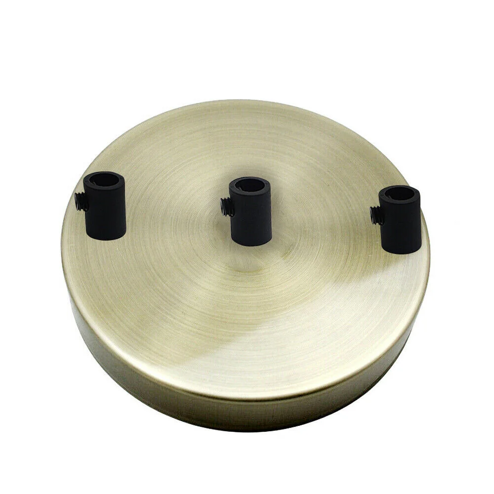 Green brass metal ceiling rose with three outlets and black cord grip, 120mm diameter, 25mm deep, with mounting screws