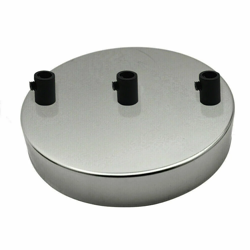 Chrome ceiling rose with three outlets, round metal design, 120mm diameter, 25mm deep, includes cord grips and screws