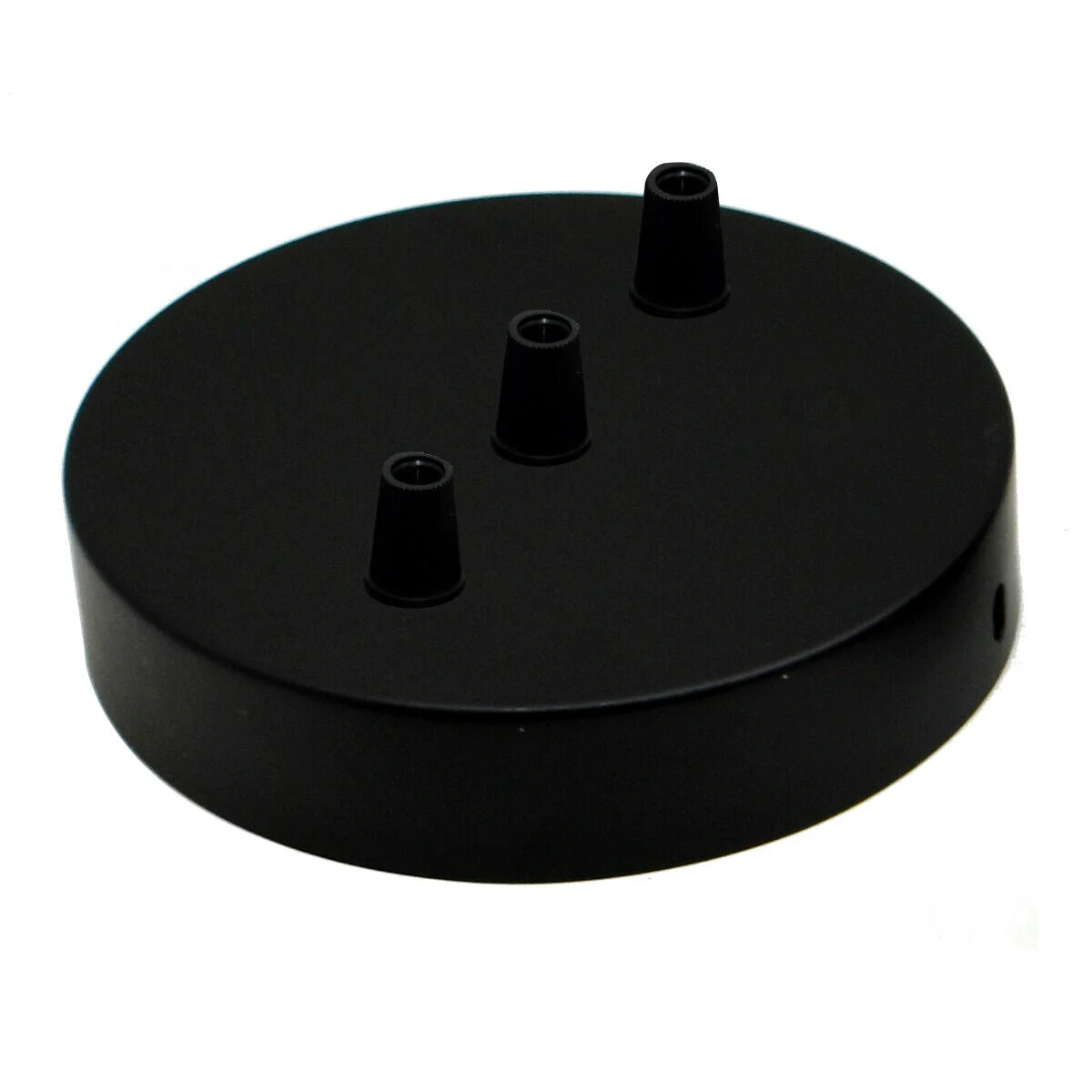 Black metal ceiling rose with three outlets, round 120mm diameter, 25mm deep, industrial vintage style with cord grips