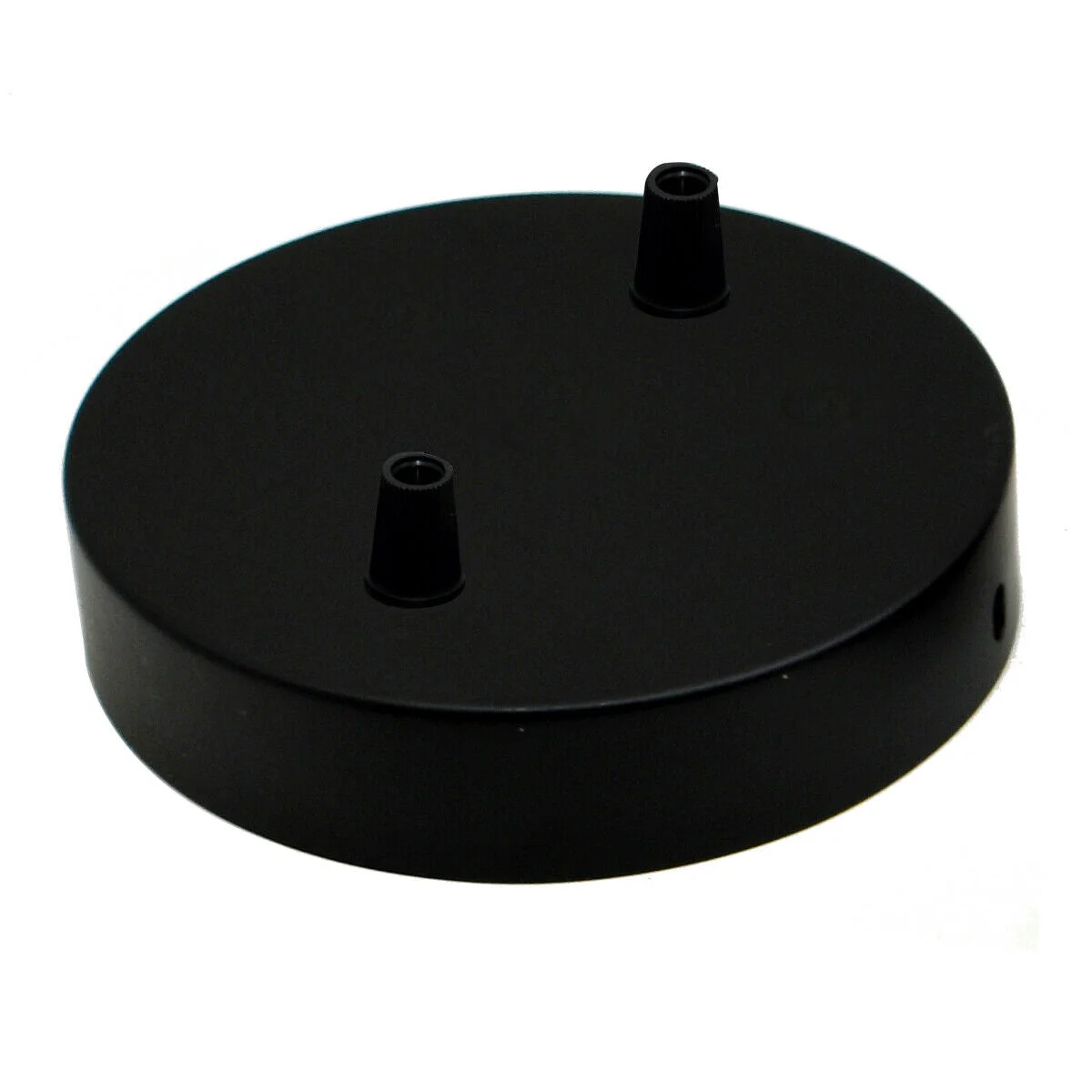 Black metal ceiling rose with two outlets, round 120mm diameter, 25mm deep, industrial vintage style with cord grips