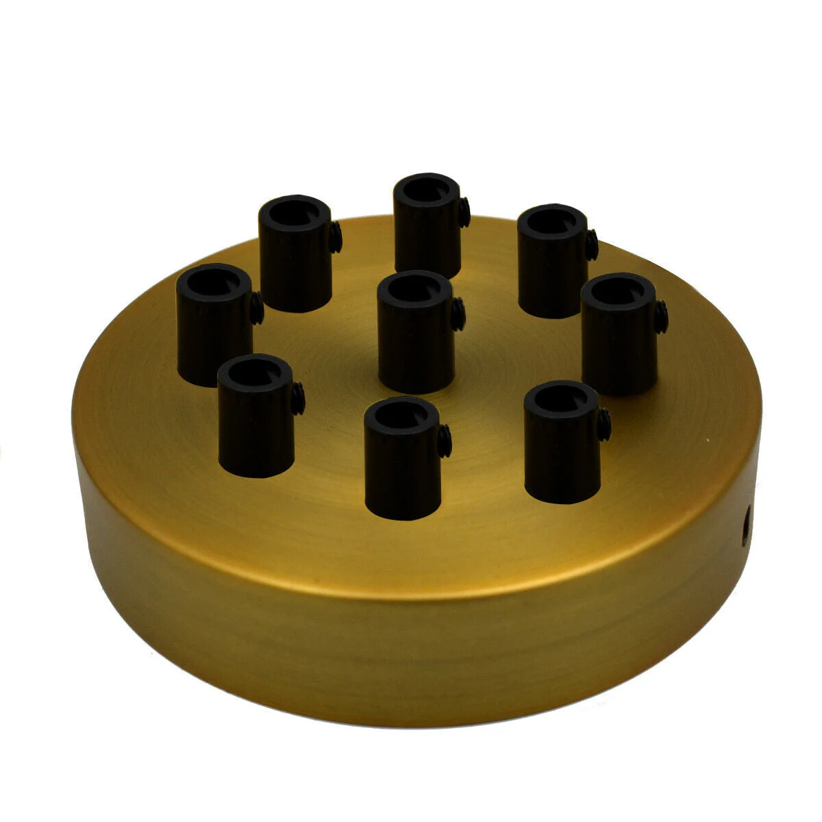 Round yellow brass ceiling rose with 9 outlets, black cord grip, and metallic finish, 120mm diameter, 25mm deep