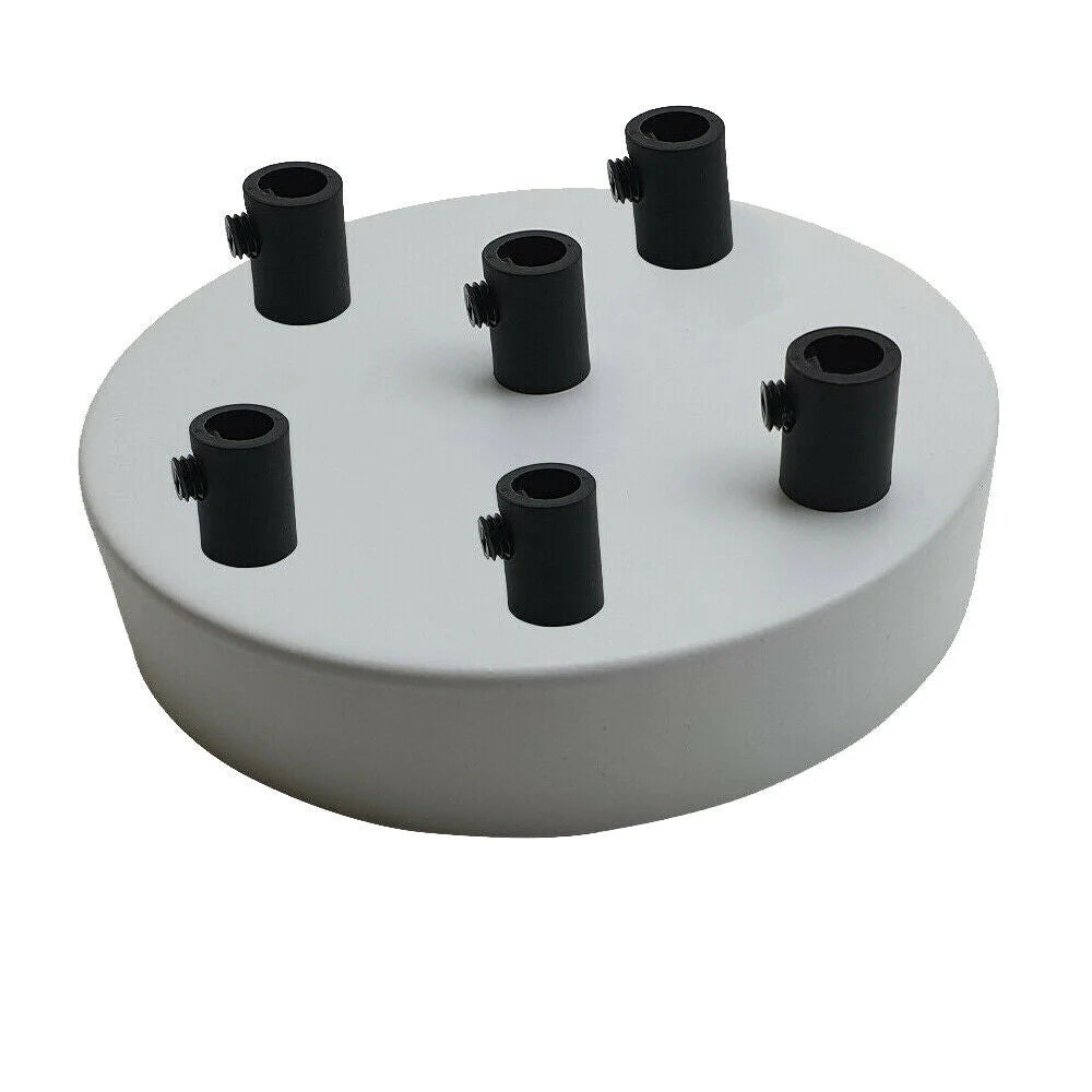 White metal 6 outlet ceiling rose with six sockets and cord grips, 120mm diameter, industrial vintage style ceiling fitting