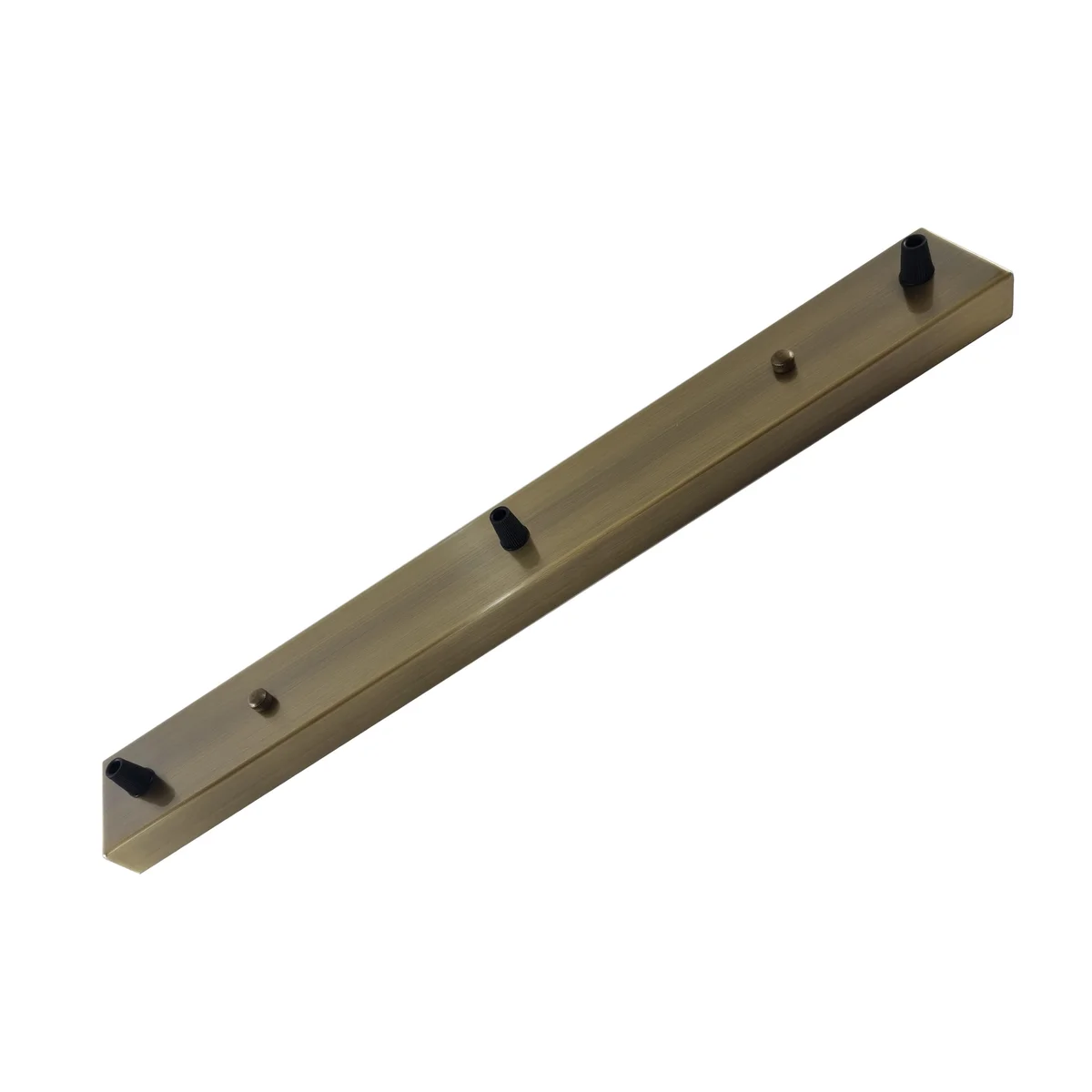 Rectangular modern ceiling rose in green brass metal with three outlets and fitting accessories on white background