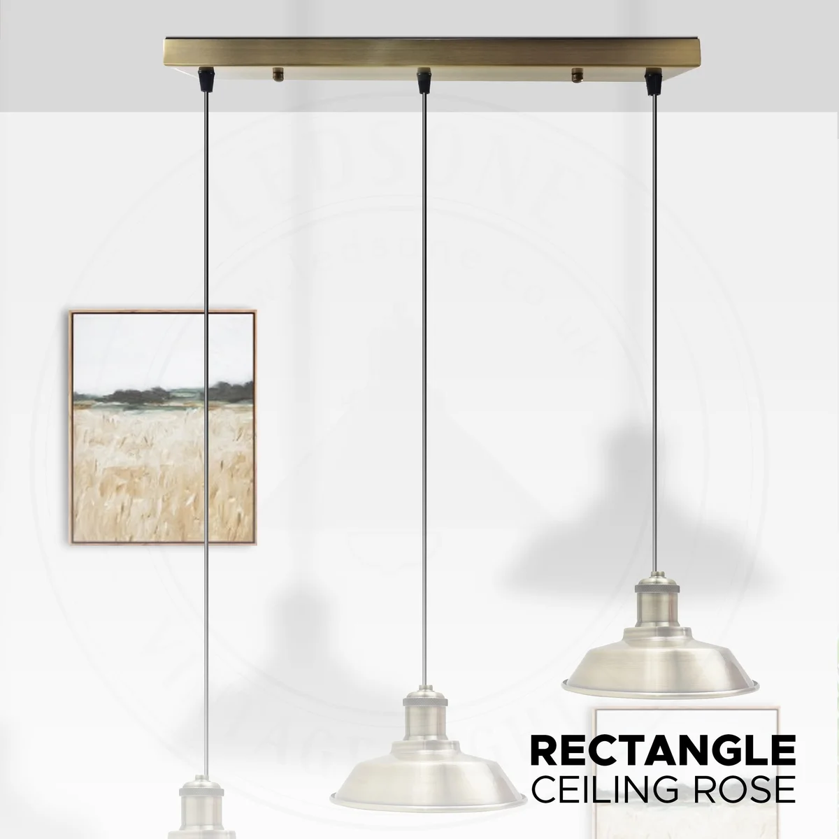Rectangular modern green brass light fitting ceiling plate with metal finish and included fixing accessories on white background
