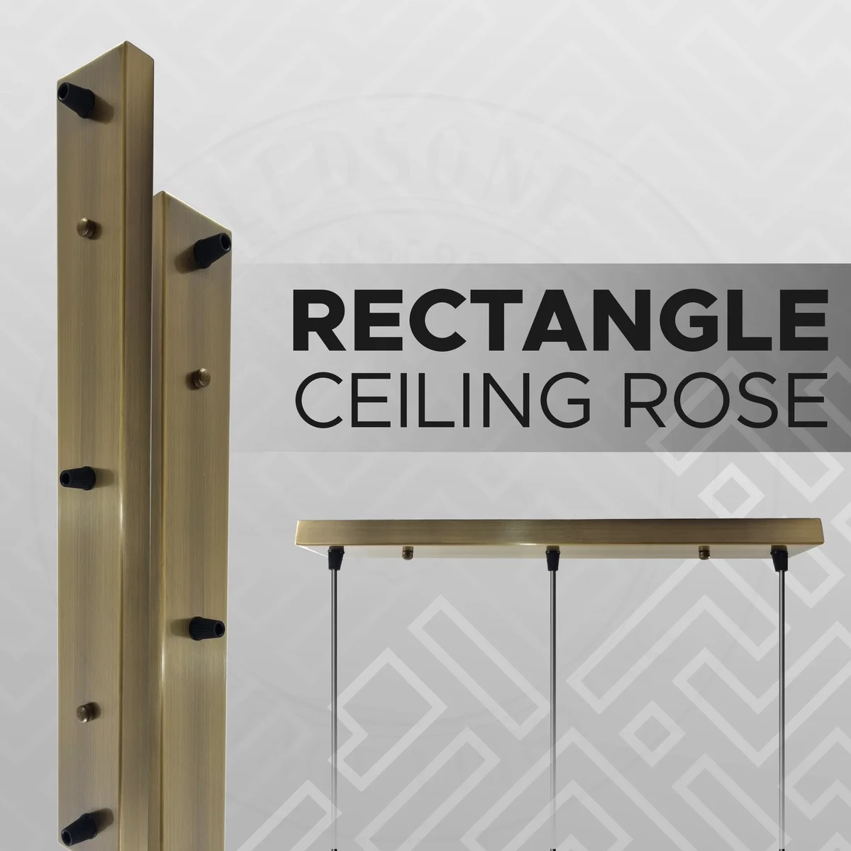 Rectangular modern green brass ceiling rose with accessories including screws, cord grip nuts, and earth wire for light fittings