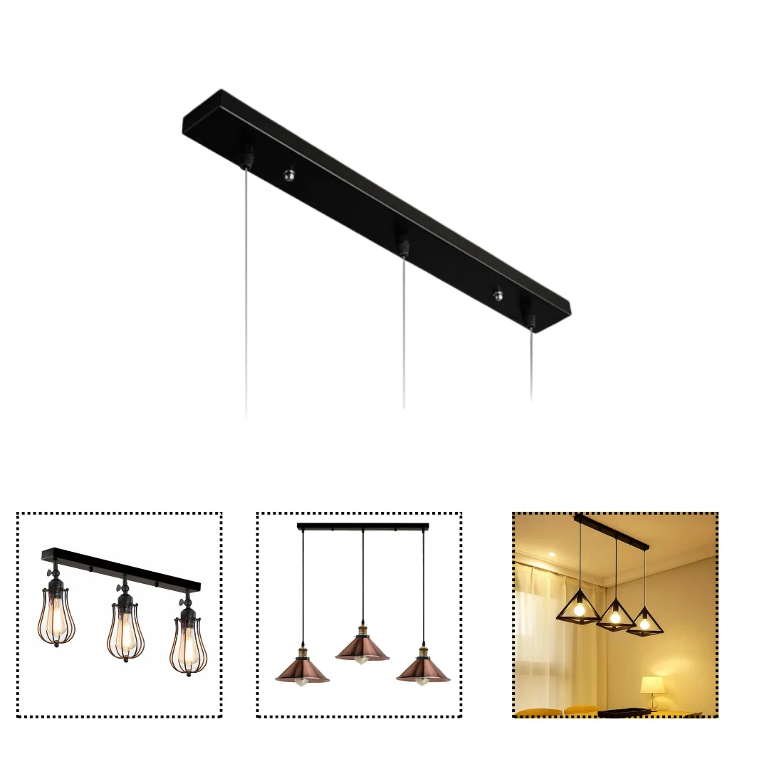 Black metal ceiling rose with three outlets in a 300mm square design for ceiling light fittings, model 4055