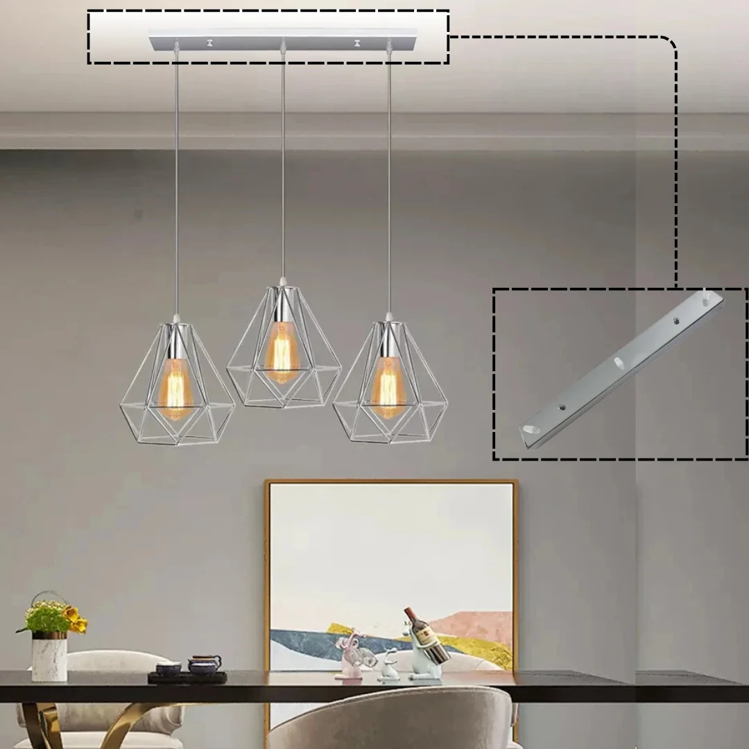 Rectangular modern chrome ceiling rose with metal finish, 3 outlets, included fixing accessories and earth wire visible