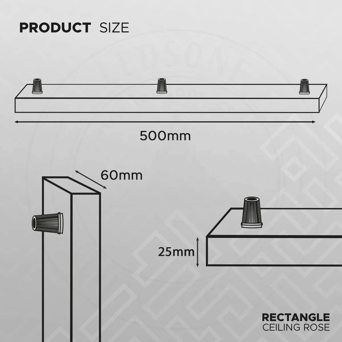 Rectangular modern ceiling rose in chrome metal with fixing bracket, screws, and cord grip accessories on white background