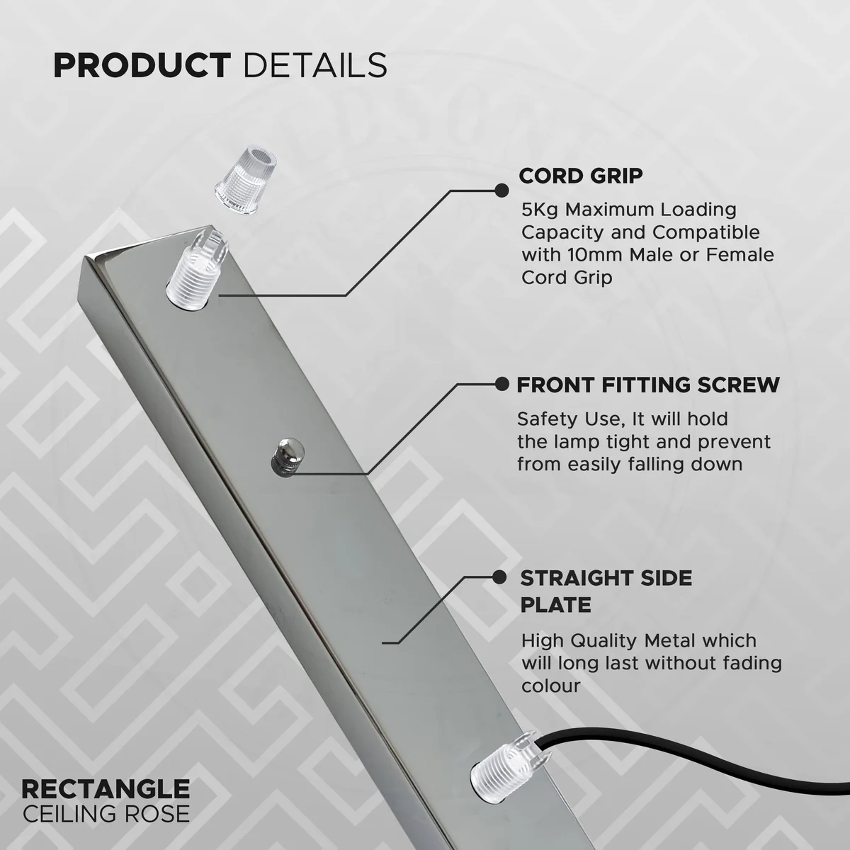 Rectangular modern chrome metal ceiling rose fitting with mounting bracket, earth wire, screws, and cord grip nuts accessories