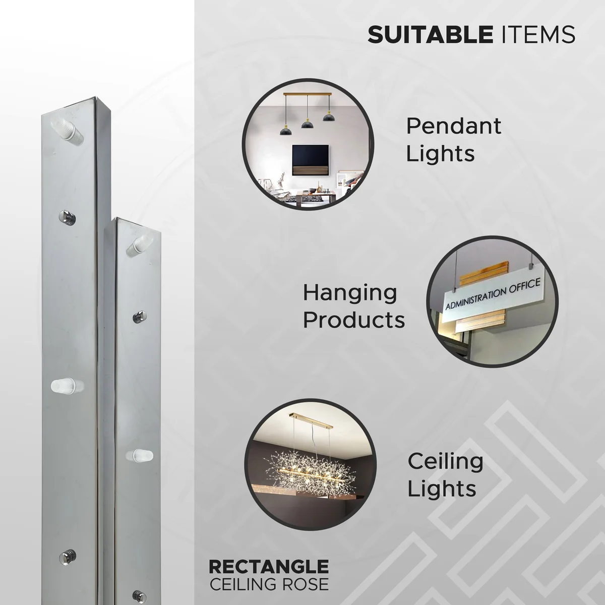 Rectangular ceiling rose in modern chrome metal finish with cord grip nuts and fixing accessories for light fittings