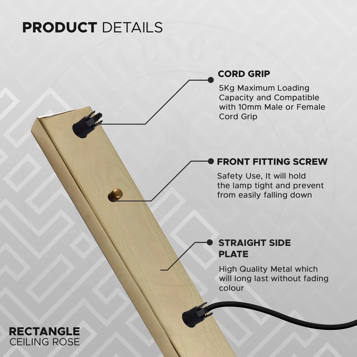 Rectangular plated metal ceiling rose 50cm with mounting bracket, screws, earth wire, and cord grip hardware set laid out on white background