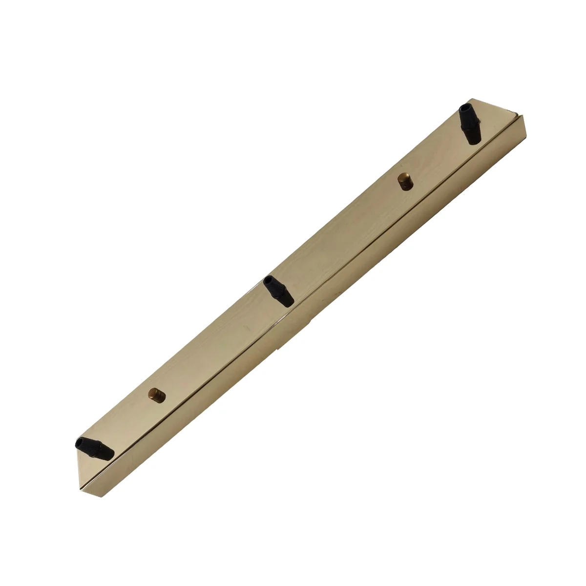 Rectangular metal ceiling rose with plated finish, mounting bracket, screws, and earth wire lead displayed on white background