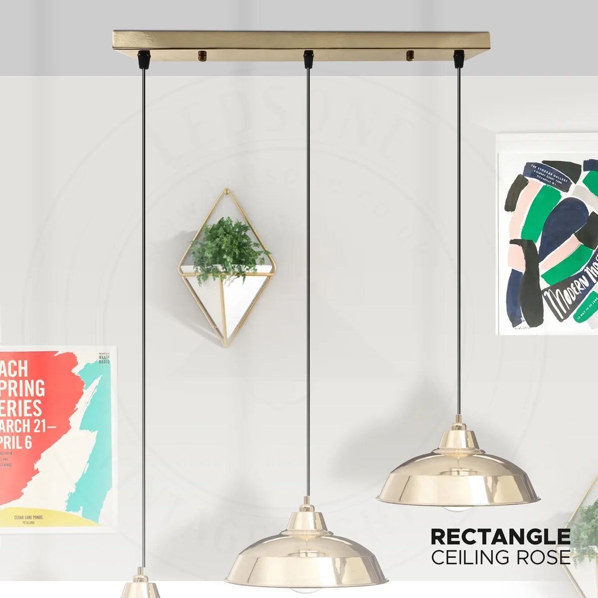 Rectangular metal ceiling rose 50cm with mounting bracket, screws, earth wire, and cord grip nuts on white background