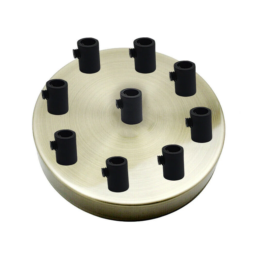 Green brass ceiling rose with 9 outlets, 120mm diameter, metallic iron with plating, includes cord grips and mounting screws