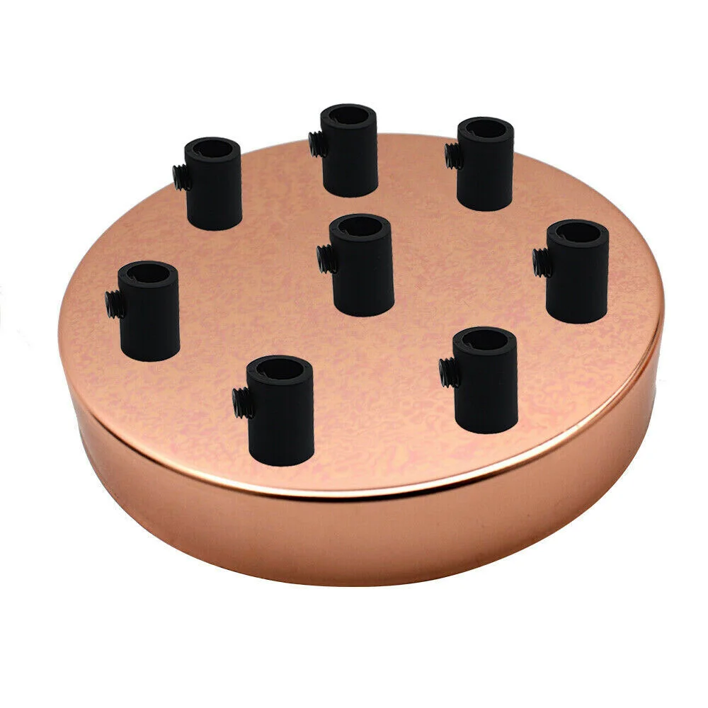 Round rose gold ceiling rose with 8 outlets, metal construction, and black cord grip, 120mm diameter, 25mm deep
