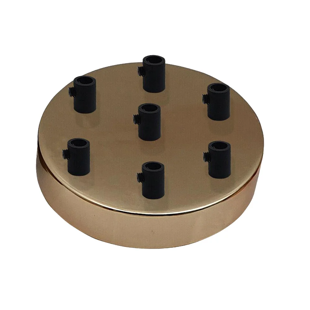 Round French gold ceiling rose with 7 outlets, black cord grip, 120mm diameter, 25mm deep, metallic finish