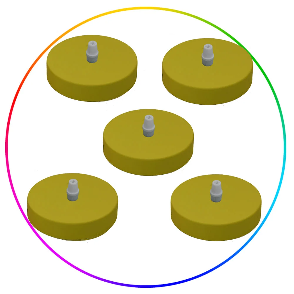 Set of five round yellow ceiling roses with cord grips and mounting brackets, 100mm diameter, industrial vintage style.
