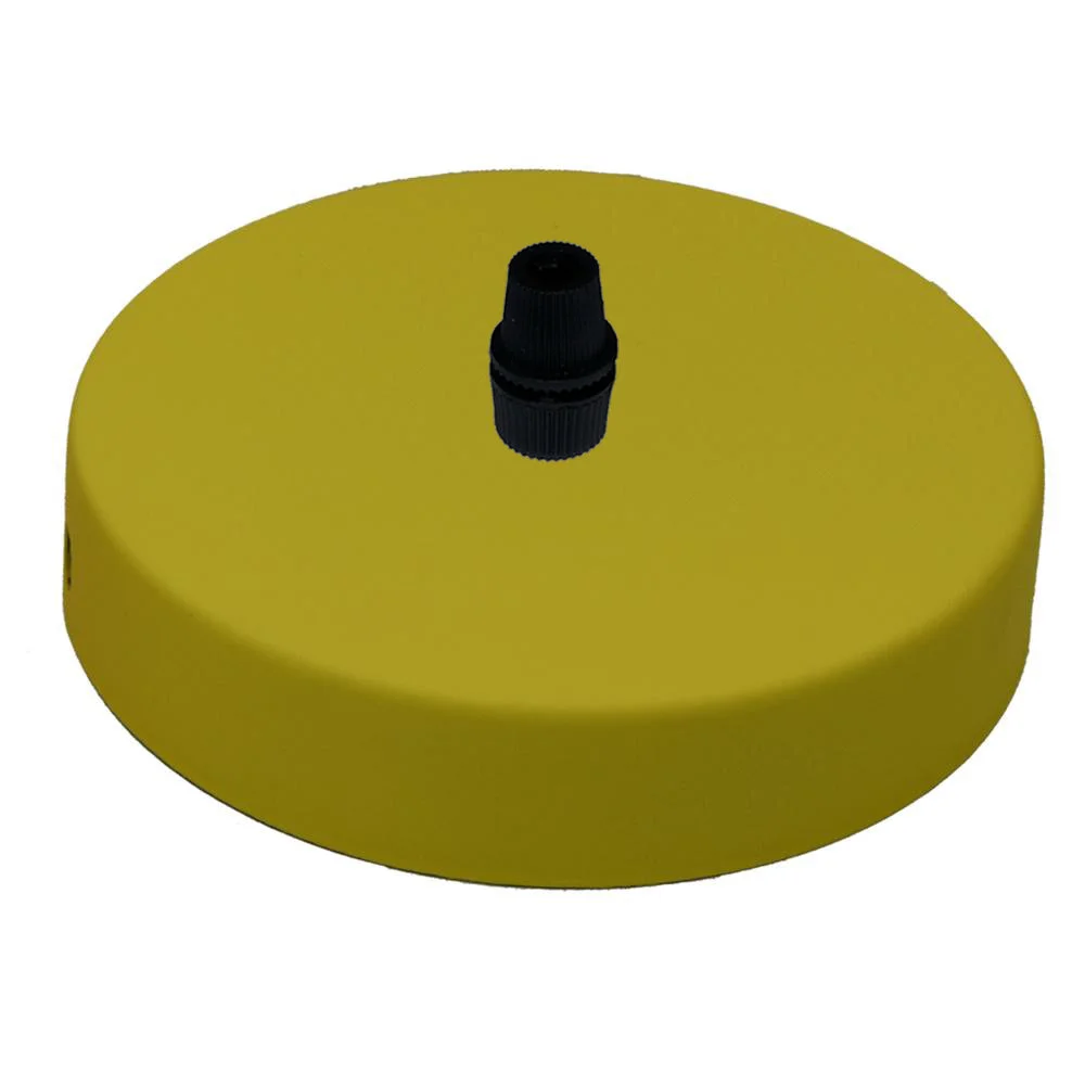 Set of five yellow round metal ceiling roses with cord grips and mounting screws, 100mm diameter, industrial vintage style
