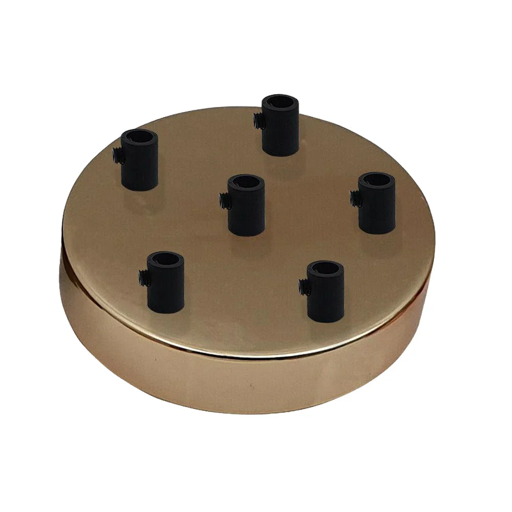 French gold ceiling rose with six outlets, round metal design, 120mm diameter, includes cord grips and mounting bracket