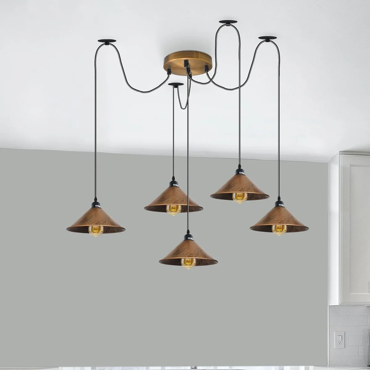Round rose gold ceiling fitting with six outlets and black cord grips, 120mm diameter, metallic iron material