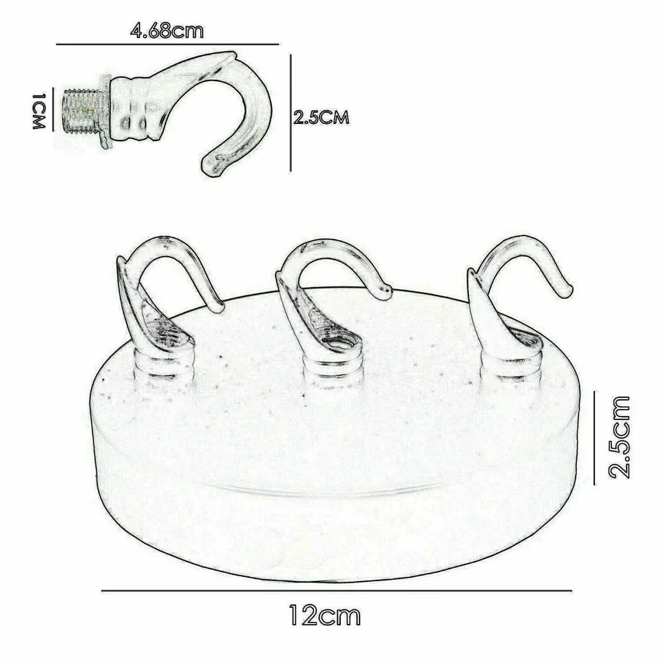 Rose gold multi outlet ceiling rose showing six outlets and black cord grip with metal ceiling bracket and screws accessory